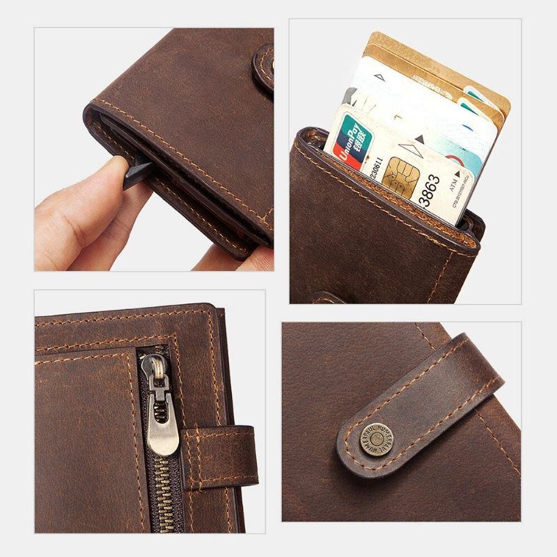 Herr Retro Trifold Blocking Antimagnetisk Plånbok Äkta Läder 9-kortsfack Korthållare Myntväska