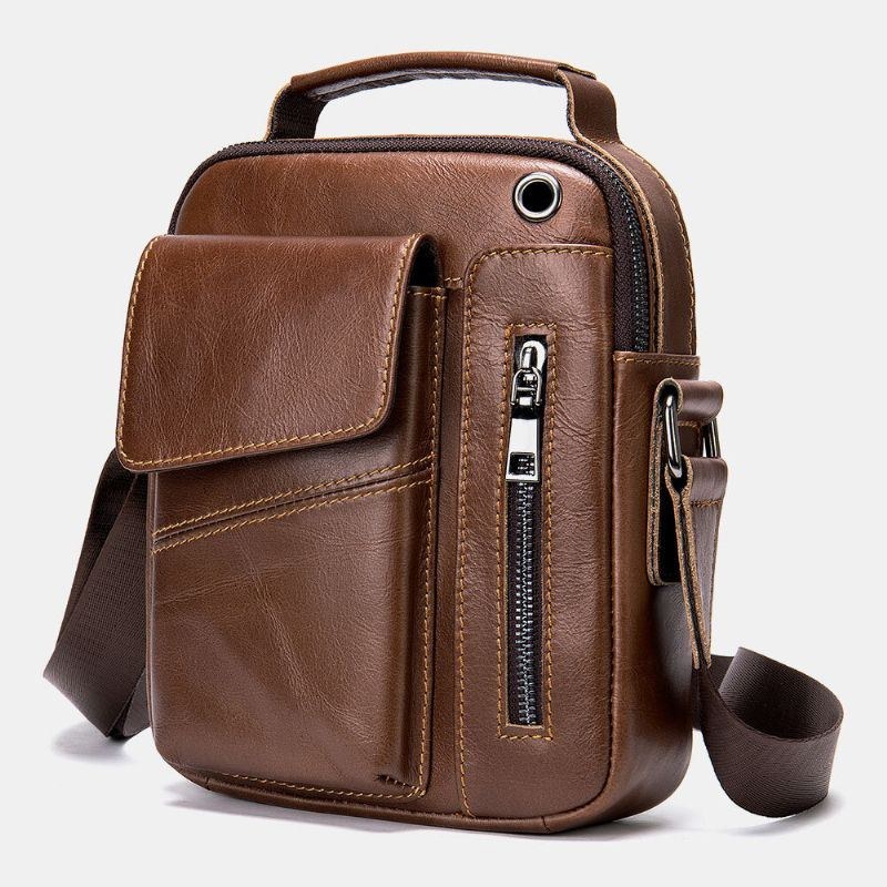 Herr Äkta Läder Flerfickor Hörlurshål Vintage Vattentät Crossbody-väskor Axelväskor