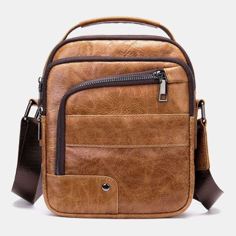Herr Äkta Läder Flerfickor Hörlurshål Vintage Vattentät Crossbody-väskor Axelväskor