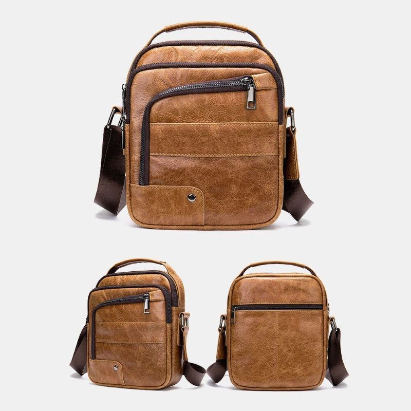 Herr Äkta Läder Flerfickor Hörlurshål Vintage Vattentät Crossbody-väskor Axelväskor