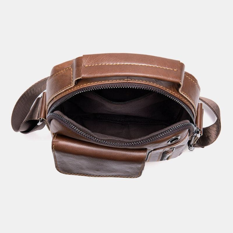 Herr Äkta Läder Flerfickor Hörlurshål Vintage Vattentät Crossbody-väskor Axelväskor