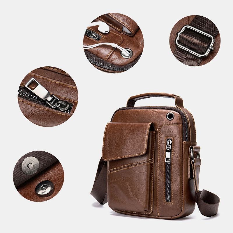 Herr Äkta Läder Flerfickor Hörlurshål Vintage Vattentät Crossbody-väskor Axelväskor