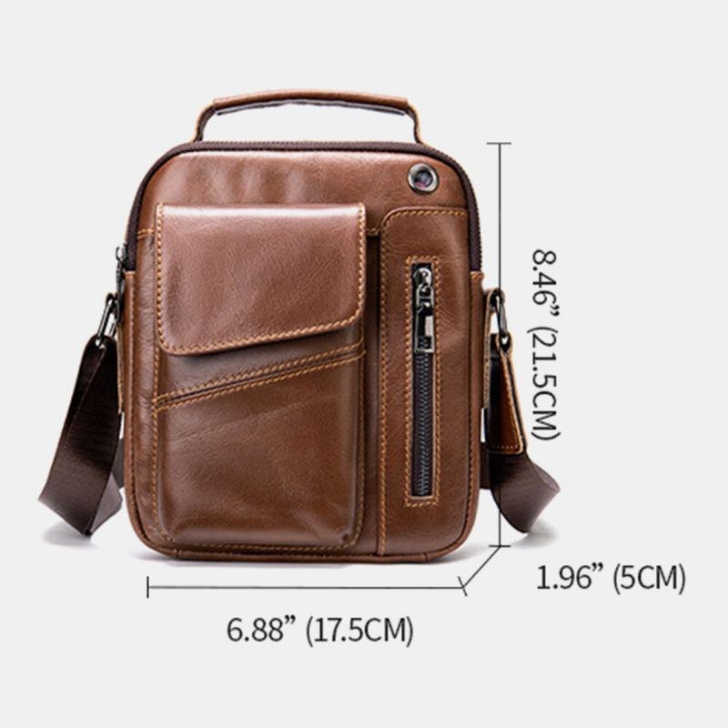 Herr Äkta Läder Flerfickor Hörlurshål Vintage Vattentät Crossbody-väskor Axelväskor