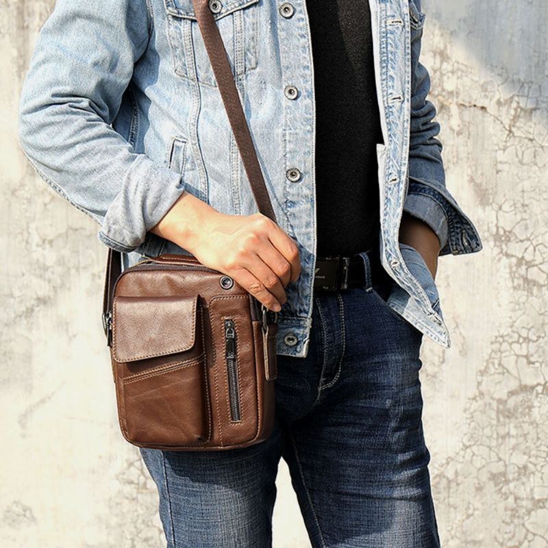 Herr Äkta Läder Flerfickor Hörlurshål Vintage Vattentät Crossbody-väskor Axelväskor