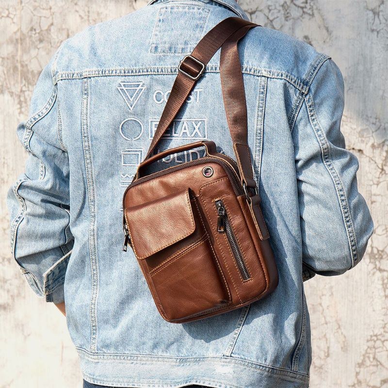 Herr Äkta Läder Flerfickor Hörlurshål Vintage Vattentät Crossbody-väskor Axelväskor