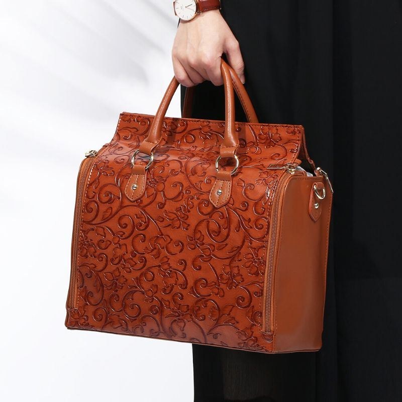 Dampräglad Blommig Handväska Vintage Large Capavcity Shoulder Crossbody-väska